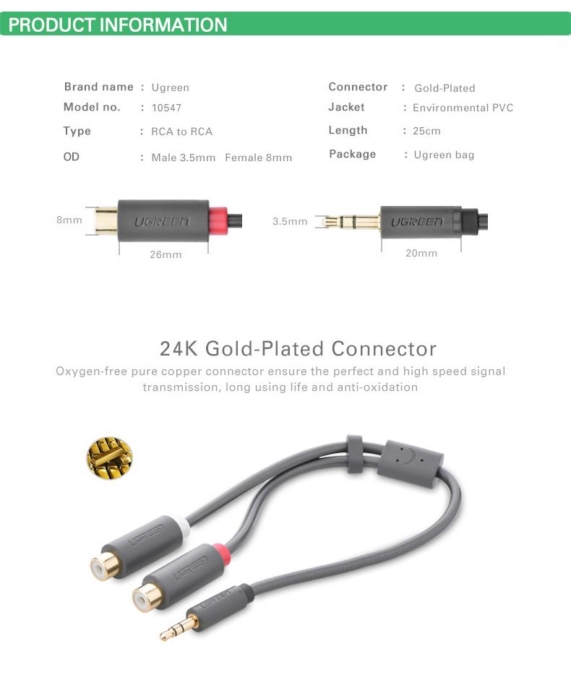 UGREEN 3.5mm Male to 2RCA Female Jack Stereo AUX Audio Cable Adapter - 25CM - SHOPPE.LK